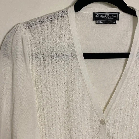 Salvatore Ferragamo White Cardigan Cable Knit VNeck Button Down Sweater XL - Picture 2 of 10
